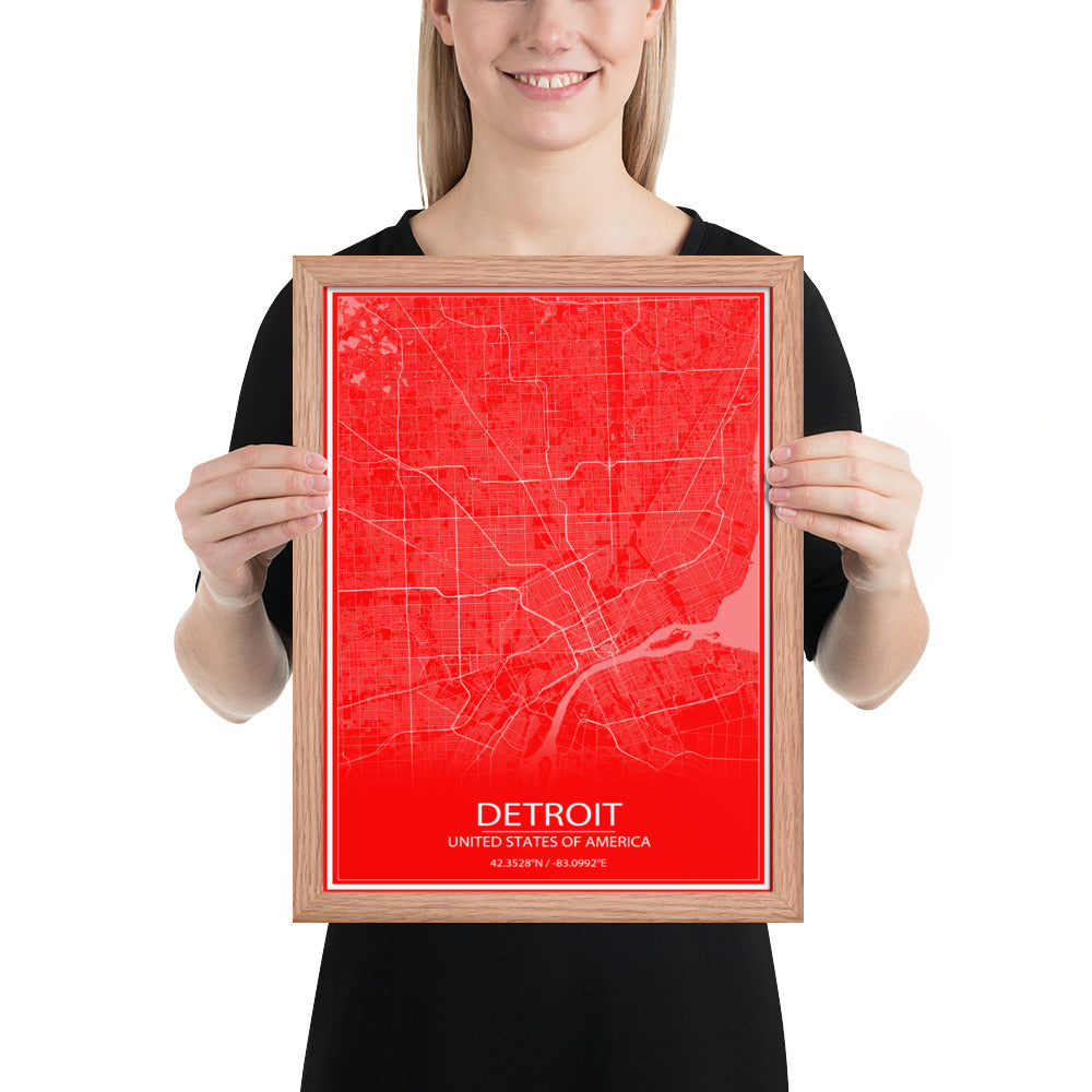 Detroit Red and White Framed Map