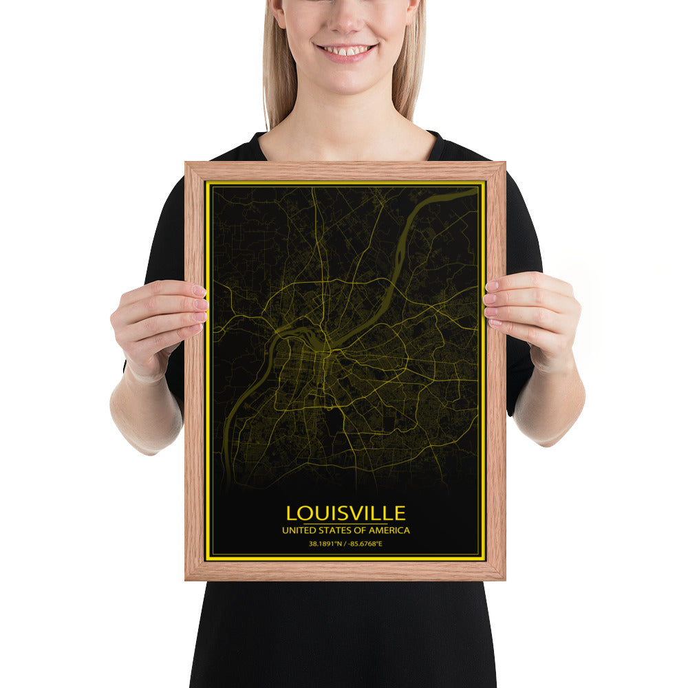 Louisville Black and Yellow Framed Map