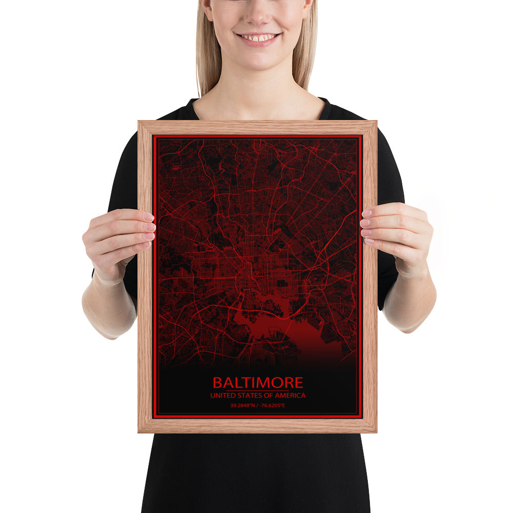 Baltimore Black and Red Framed Map