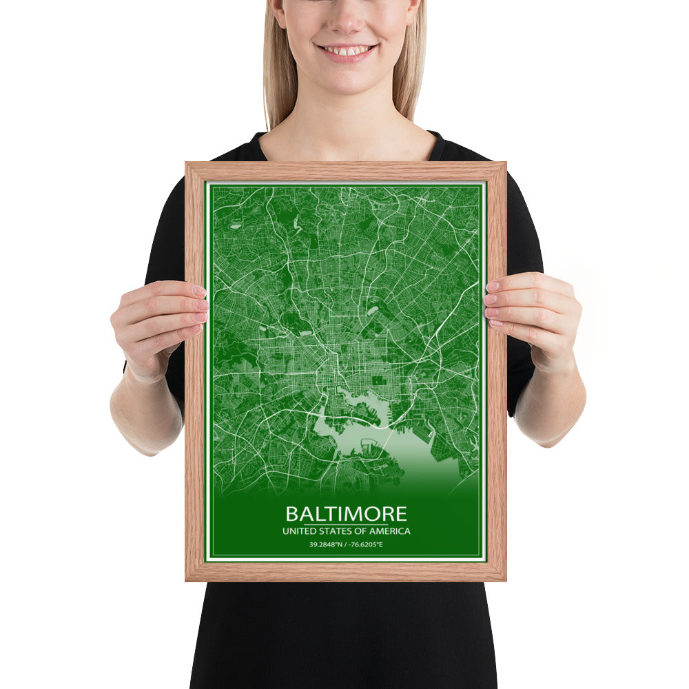 Baltimore Green and White Framed Map