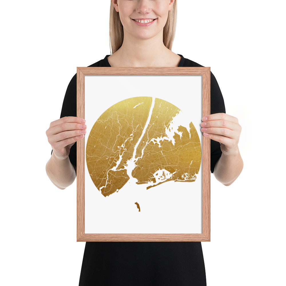 New York Gold on White Framed Map