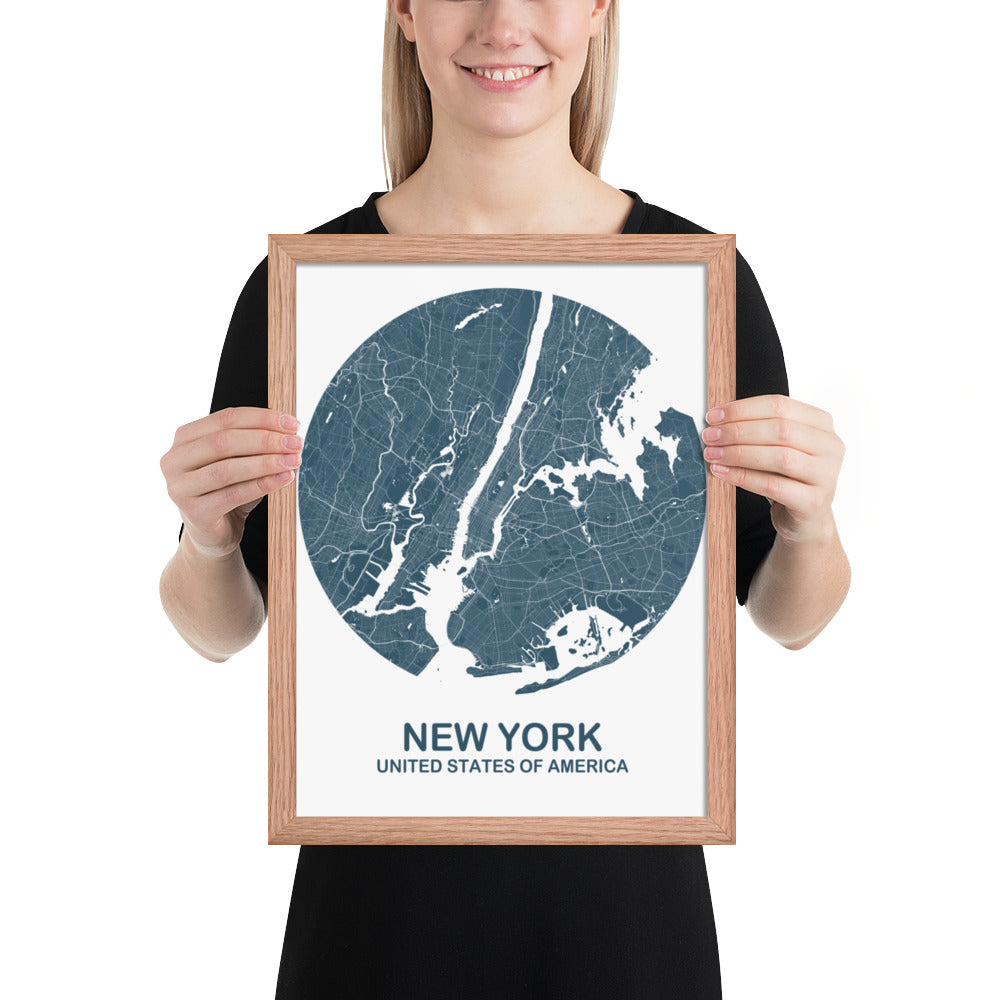 New York Circular Blue Framed Map