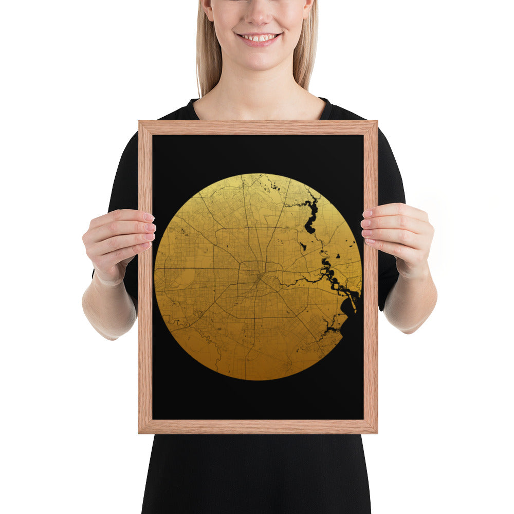 Houston Gold on Black Framed Map