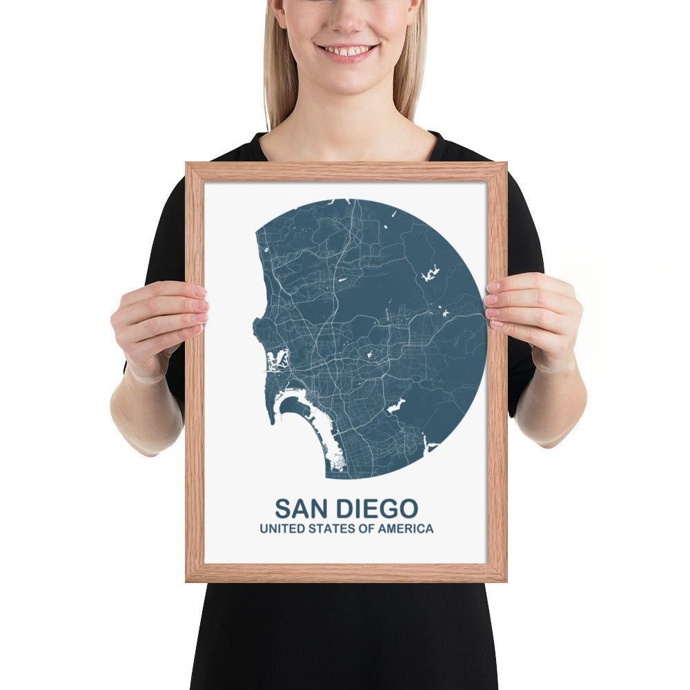 San Diego Circular Blue Framed Map