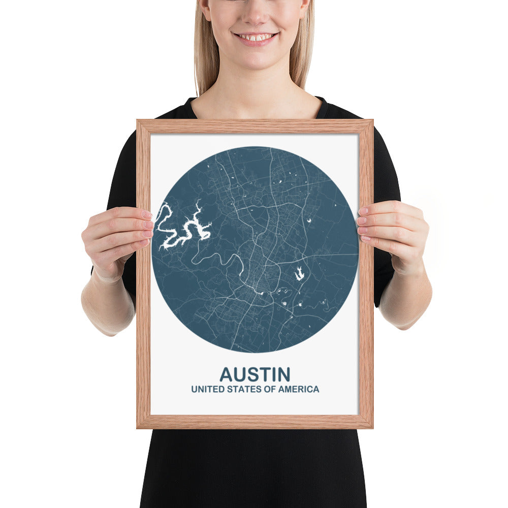 Austin Circular Blue Framed Map