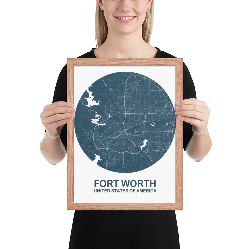 Fort Worth Circular Blue Framed Map