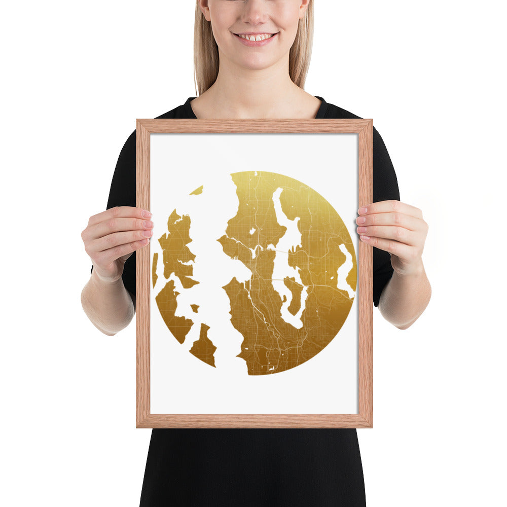 Seattle Gold on White Framed Map