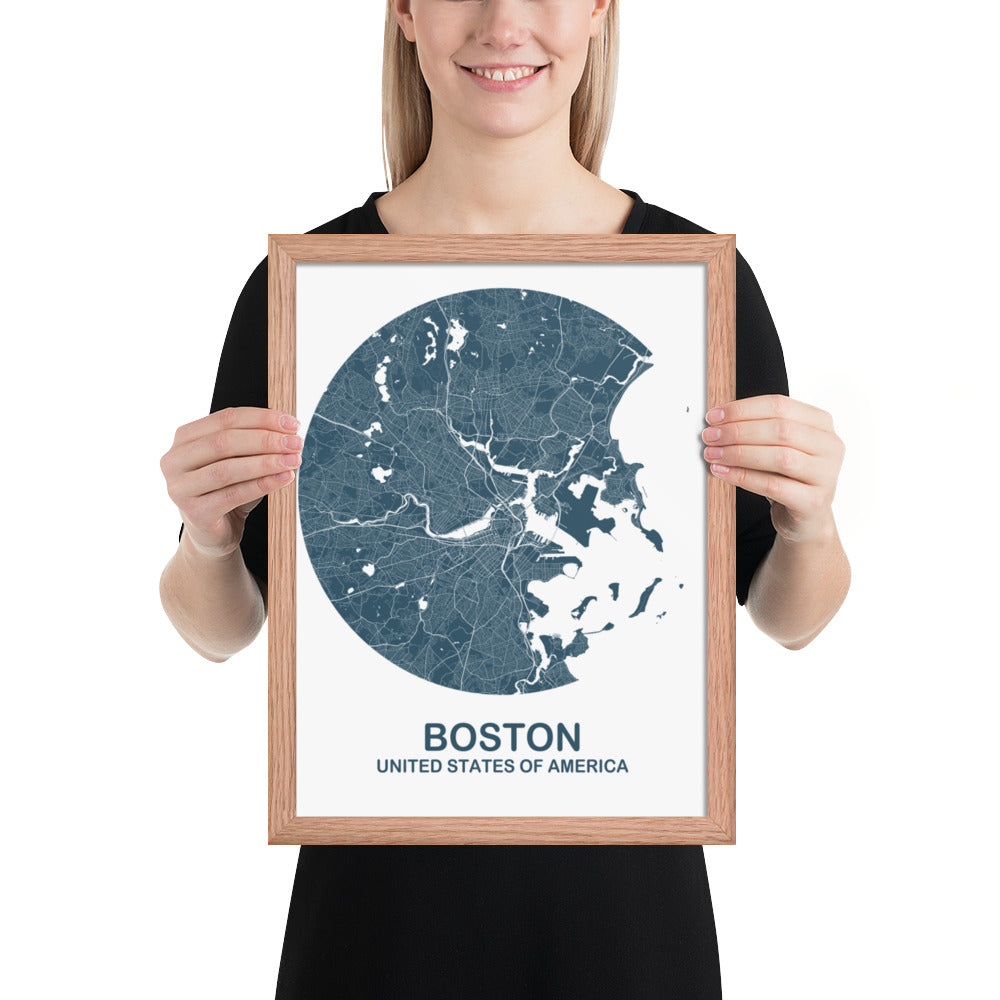 Boston Circular Blue Framed Map