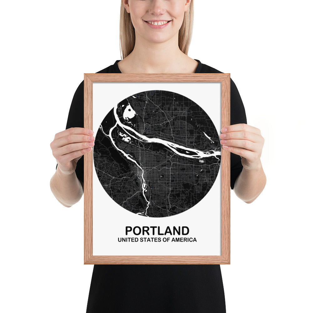 Portland Circular Black Framed Map