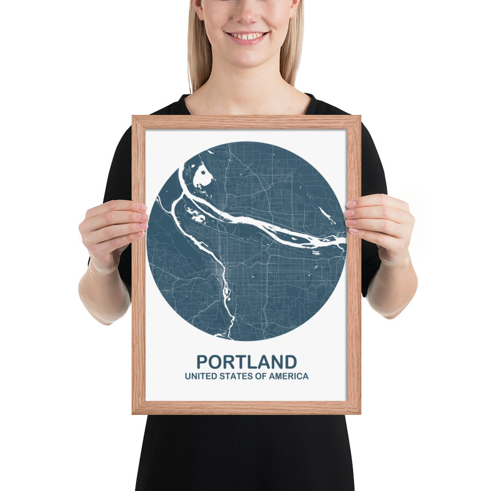 Portland Circular Blue Framed Map