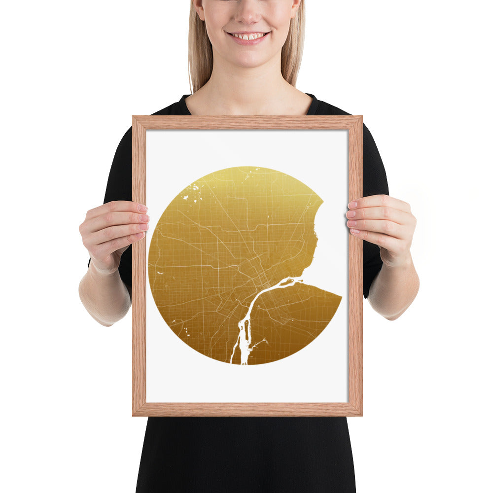 Detroit Gold on White Framed Map