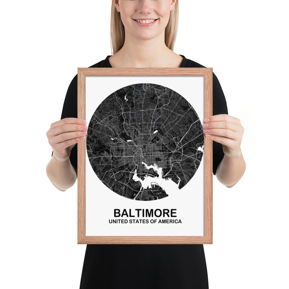 Baltimore Circular Black Framed Map