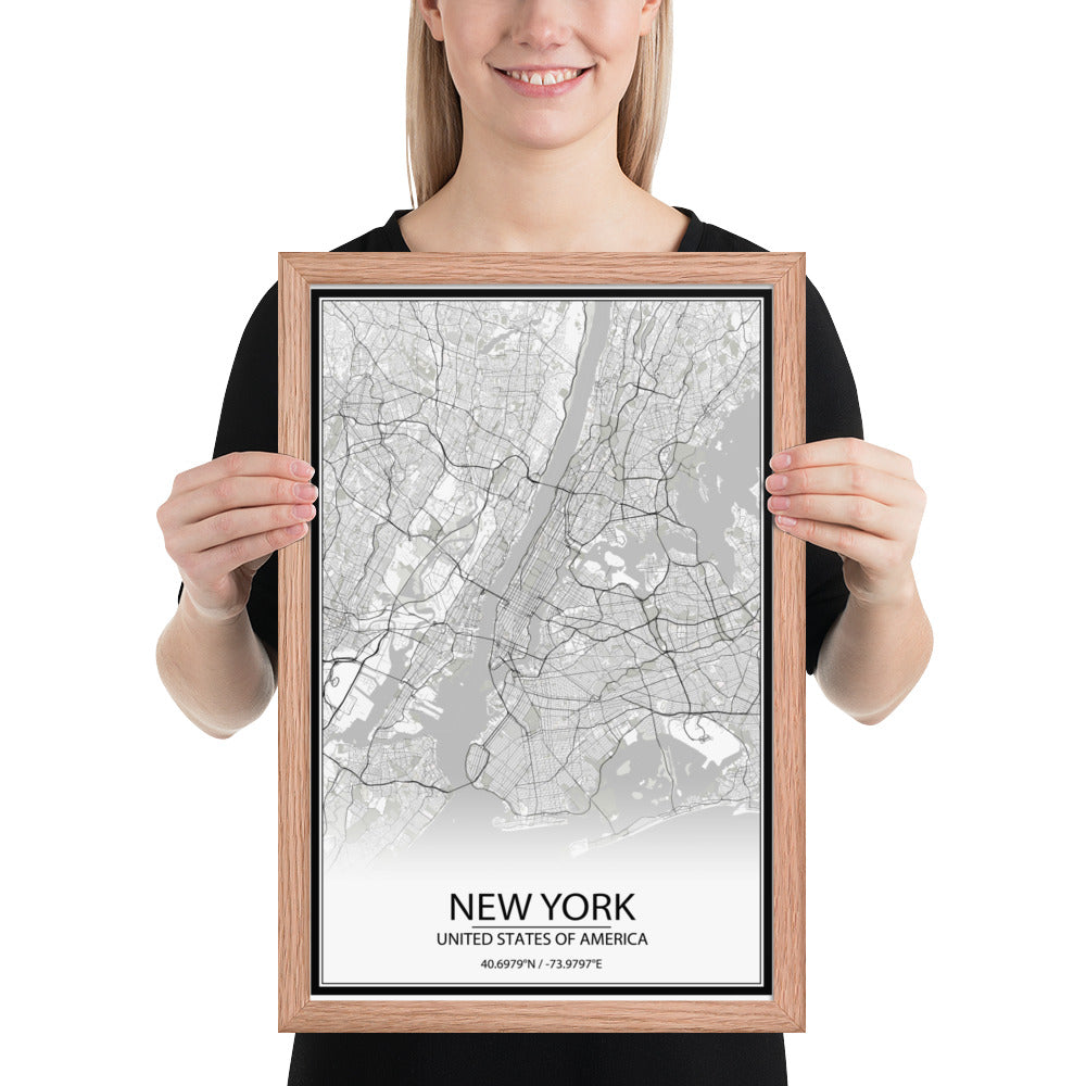 New York White Framed Map