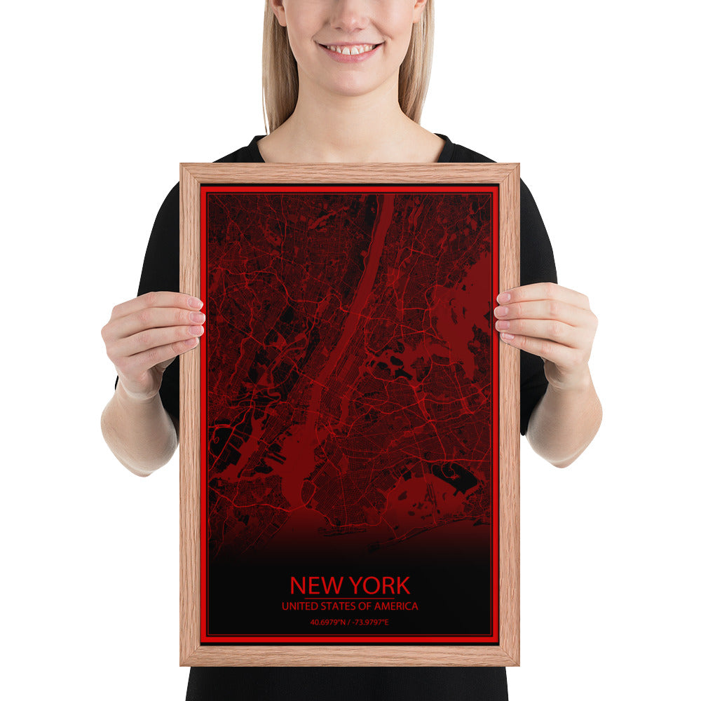 New York Black and Red Framed Map