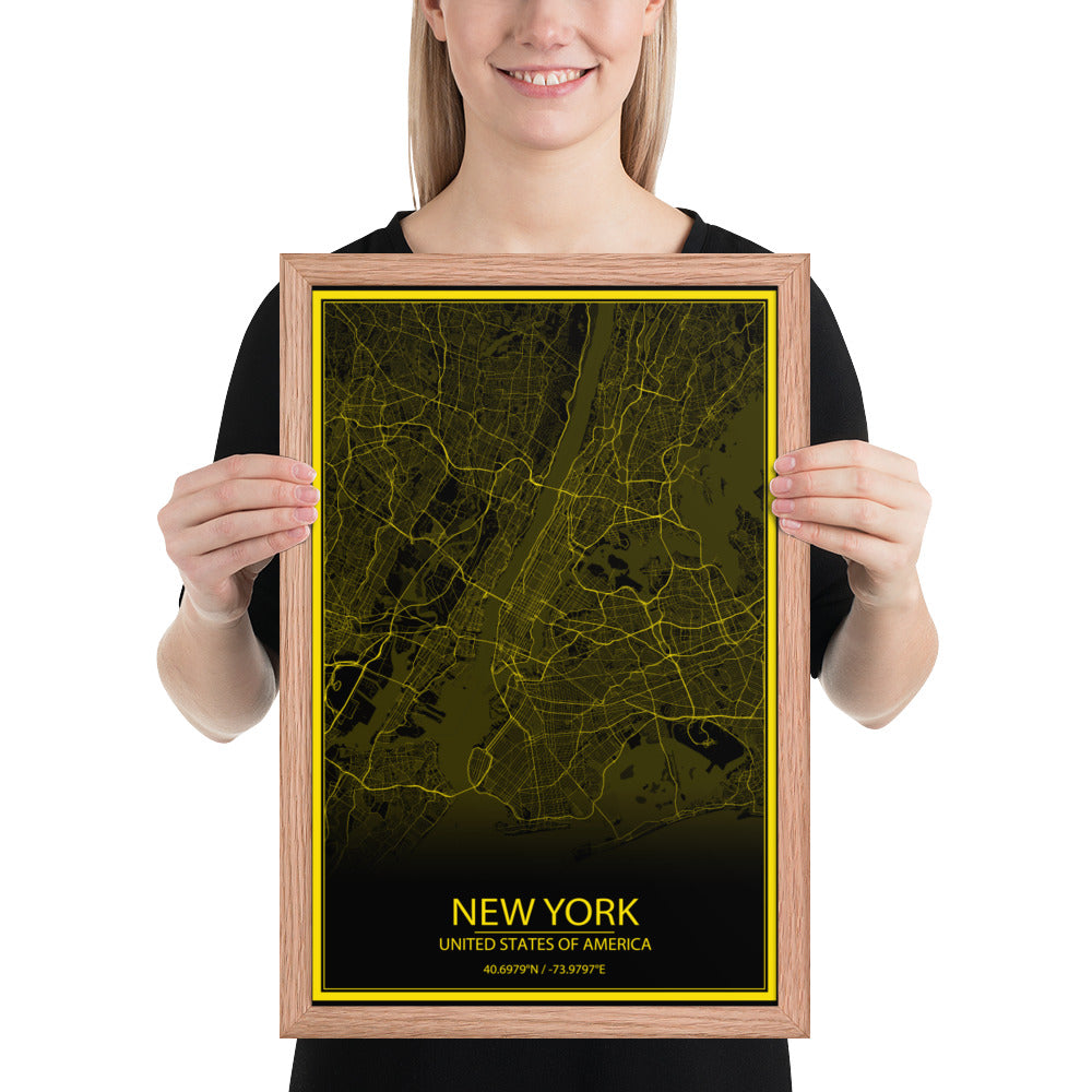 New York Black and Yellow Framed Map