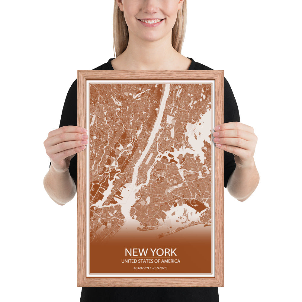 New York Brown and White Framed Map