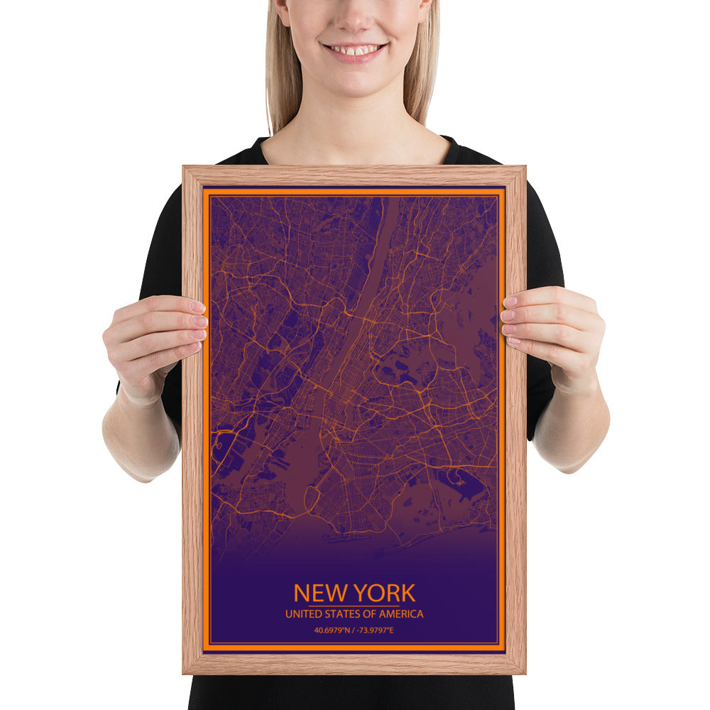 New York Purple and Orange Framed Map