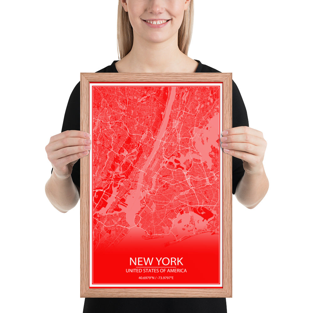 New York Red and White Framed Map