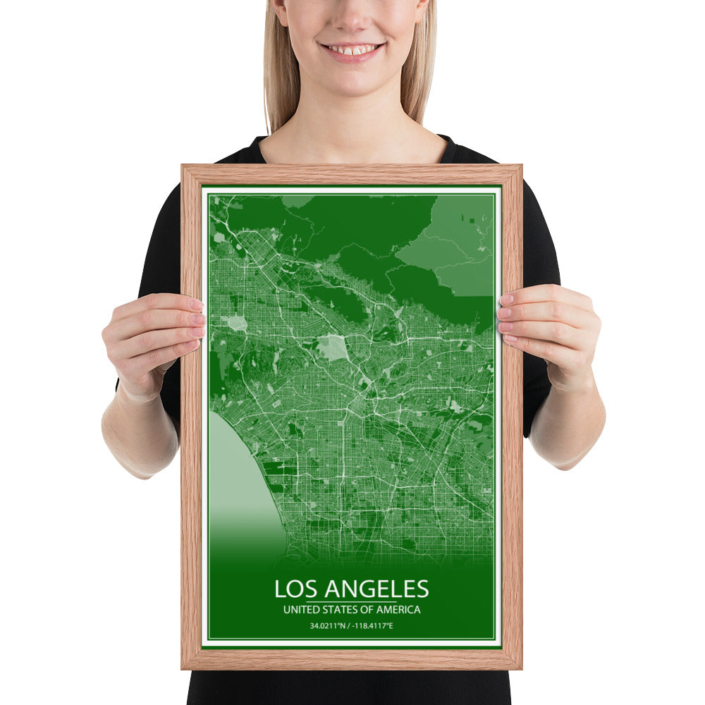 Los Angeles Green and White Framed Map