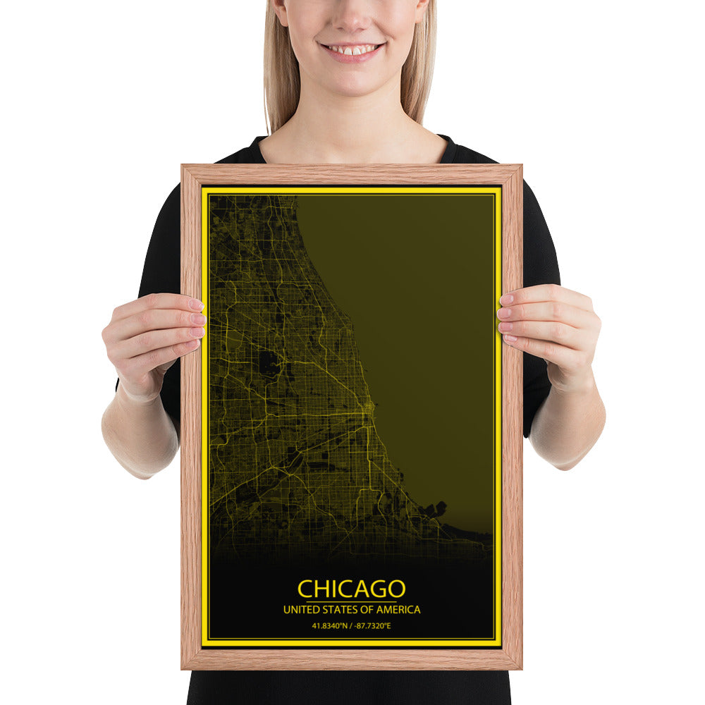 Chicago Black and Yellow Framed Map