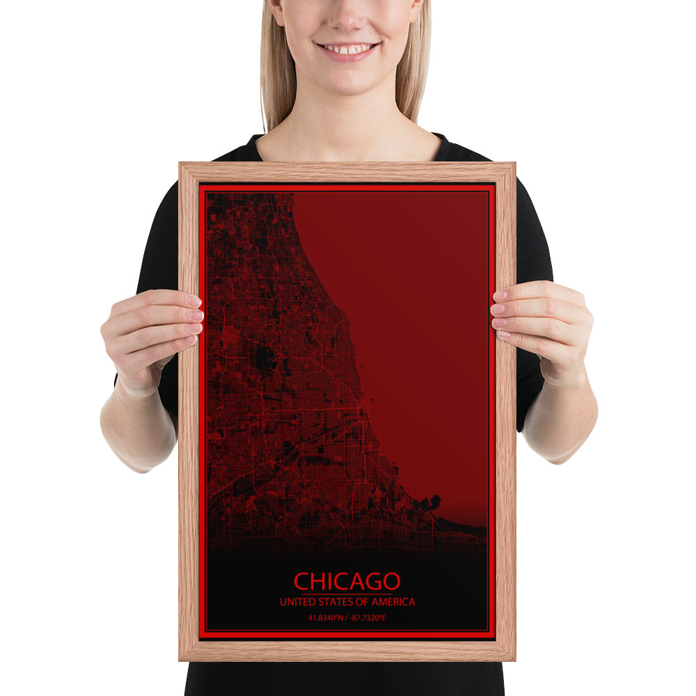 Chicago Black and Red Framed Map