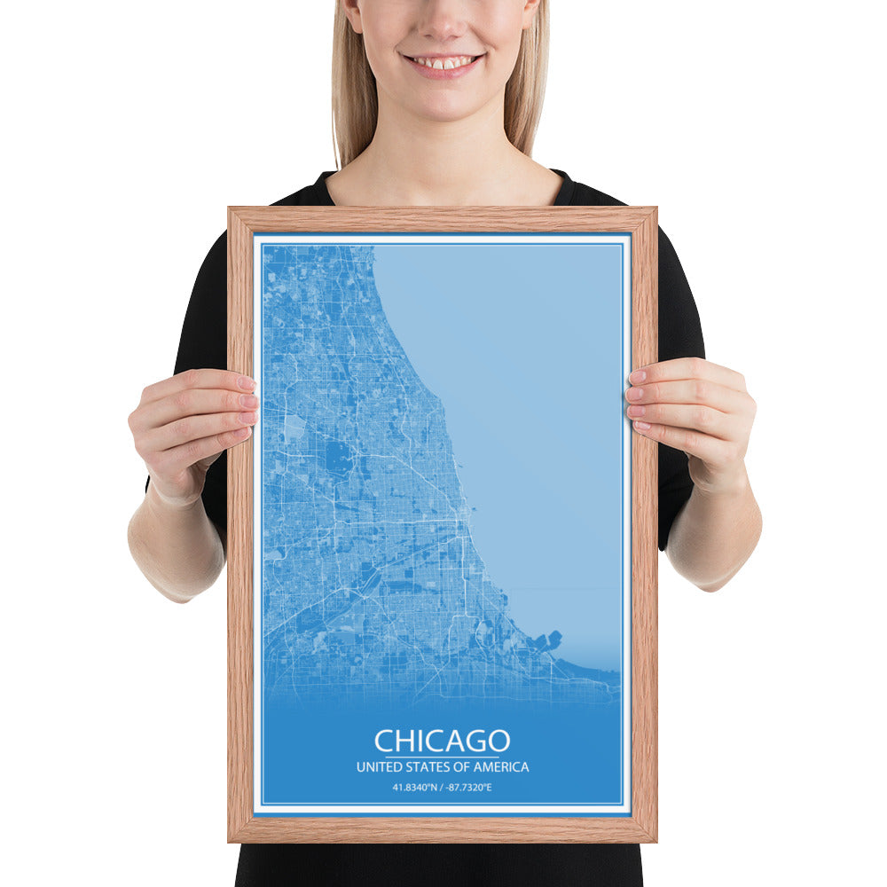 Chicago Blue and White Framed Map