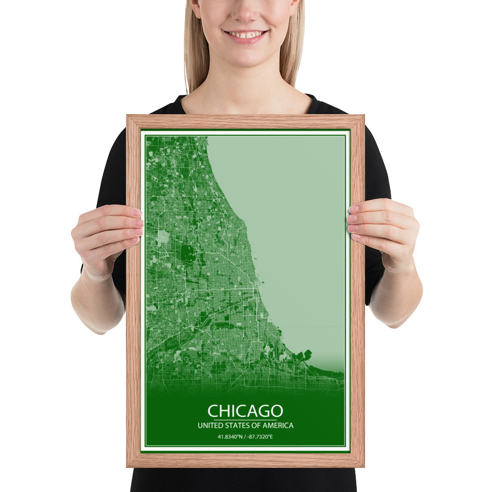 Chicago Green and White Framed Map