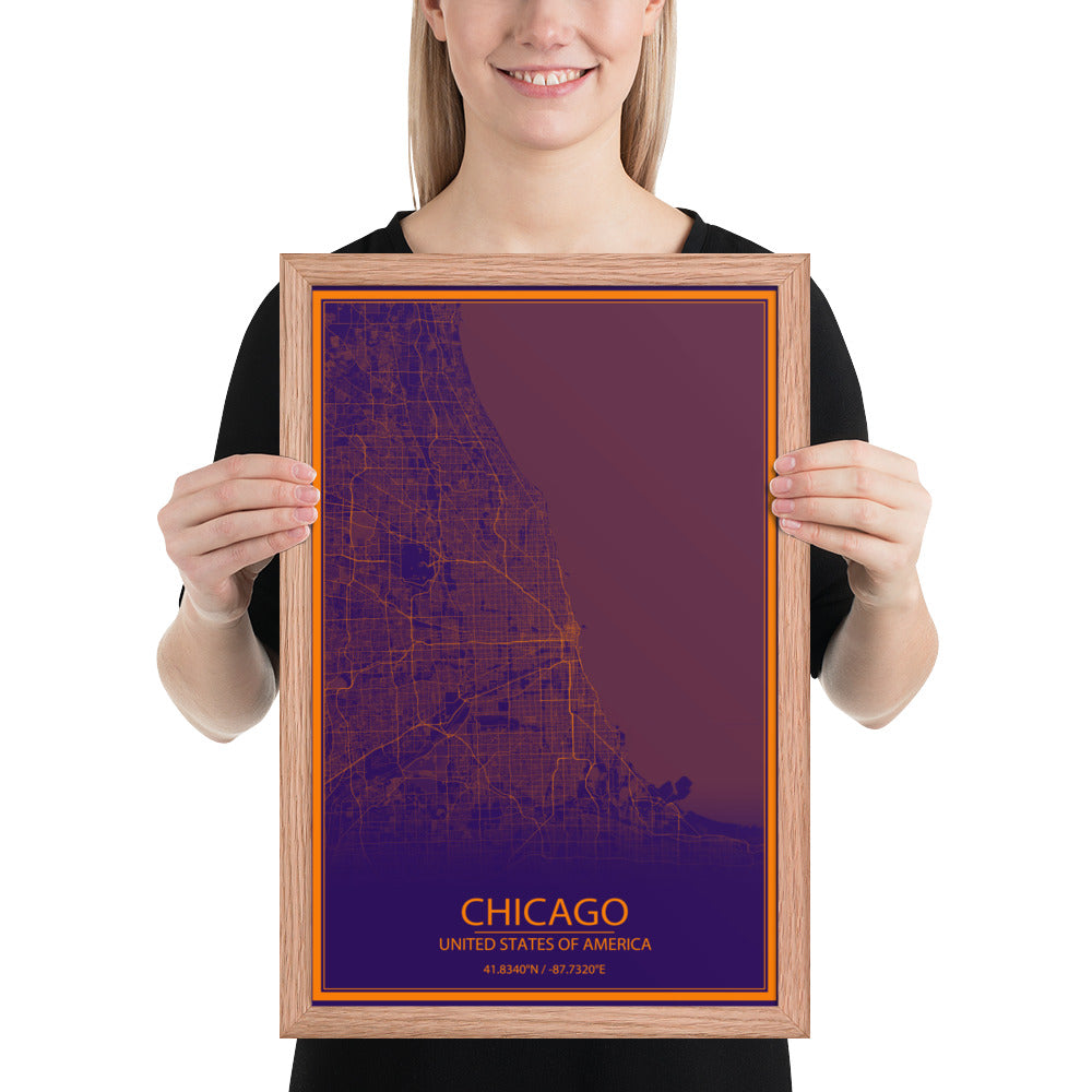 Chicago Purple and Orange Framed Map