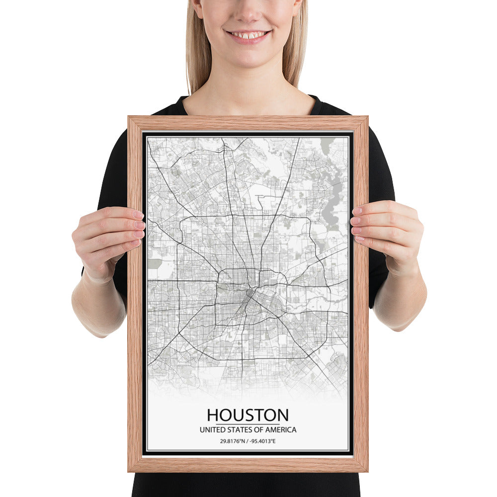 Houston White Framed Map