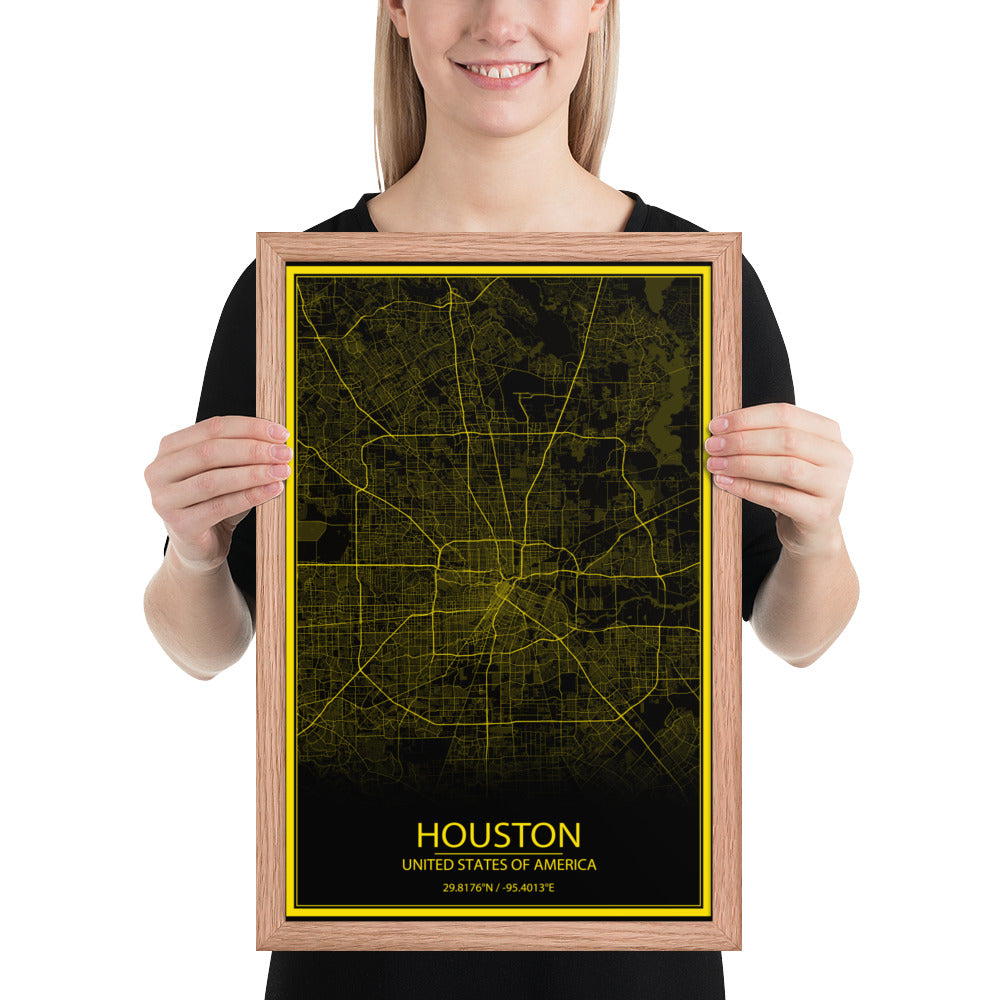 Houston Black and Yellow Framed Map