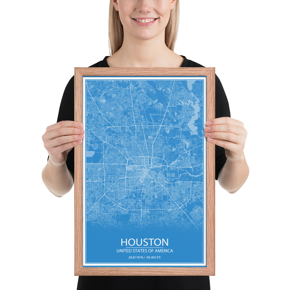 Houston Blue and White Framed Map