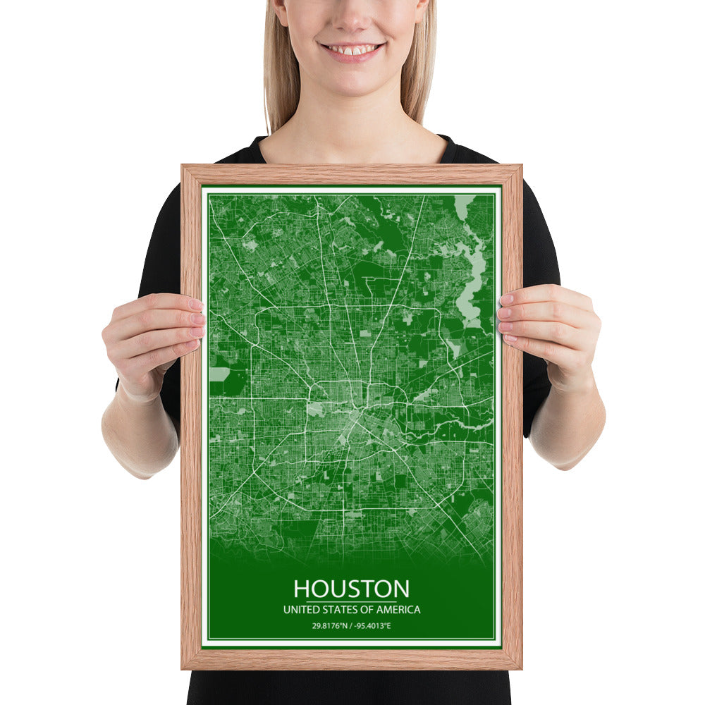 Houston Green and White Framed Map