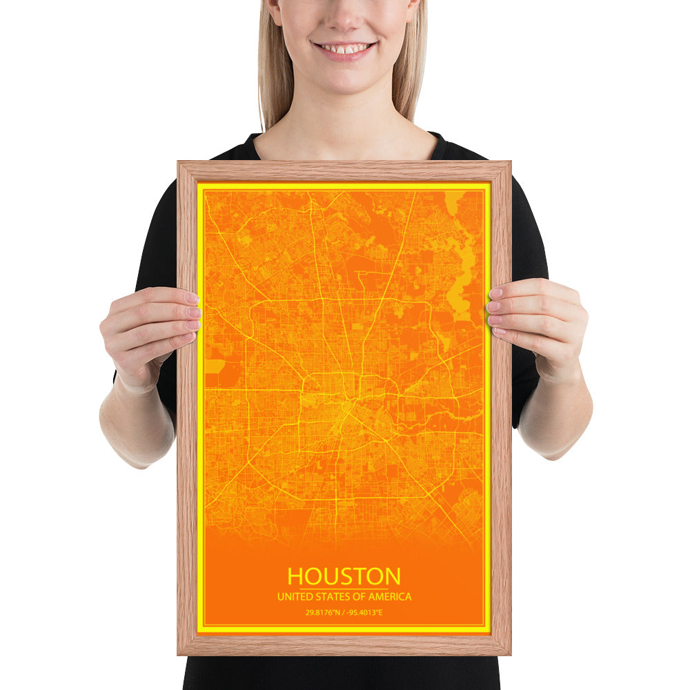 Houston Orange and Yellow Framed Map