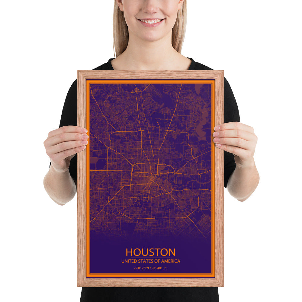 Houston Purple and Orange Framed Map