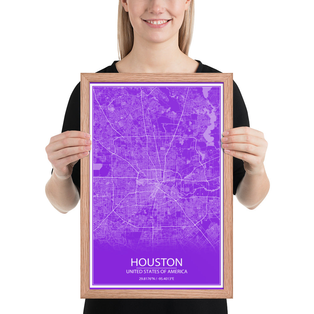 Houston Purple and White Framed Map