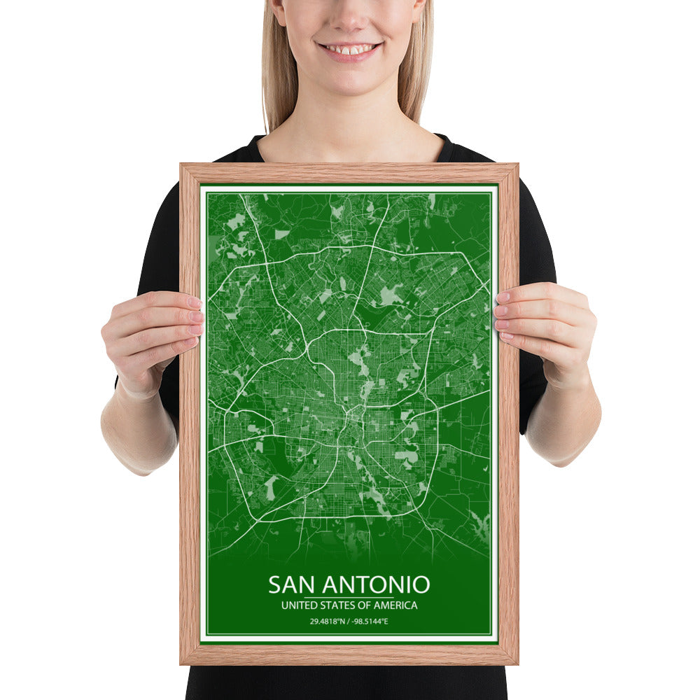 San Antonio Green and White Framed Map