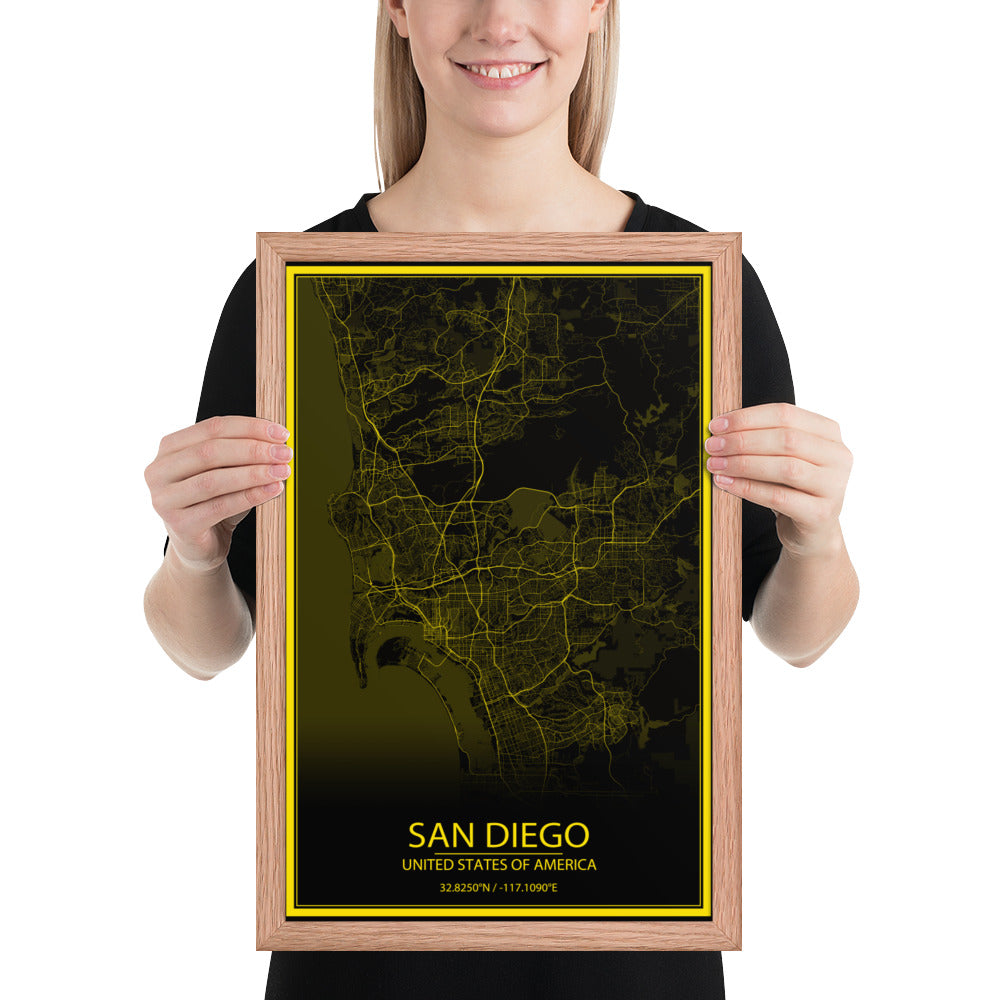 San Diego Black and Yellow Framed Map