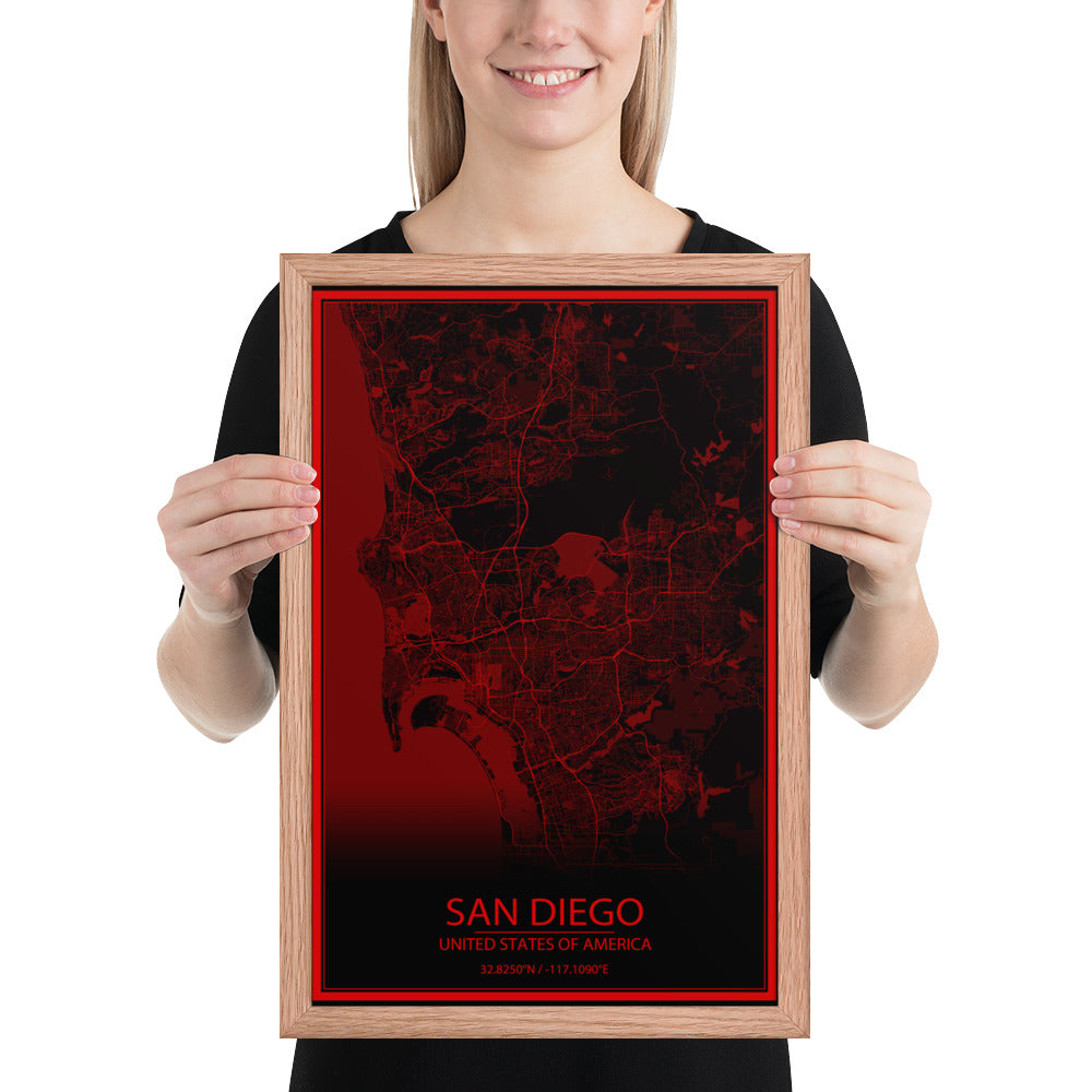 San Diego Black and Red Framed Map