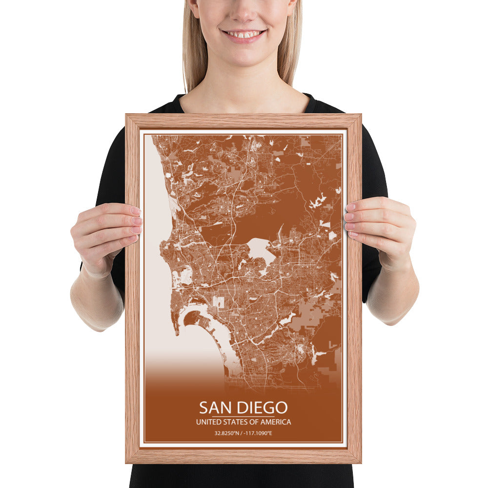 San Diego Brown and White Framed Map