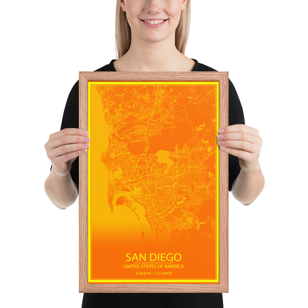 San Diego Orange and Yellow Framed Map