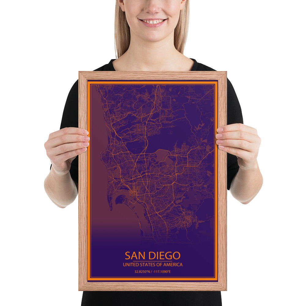 San Diego Purple and Orange Framed Map