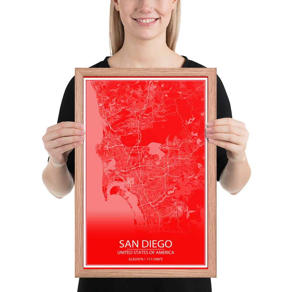 San Diego Red and White Framed Map