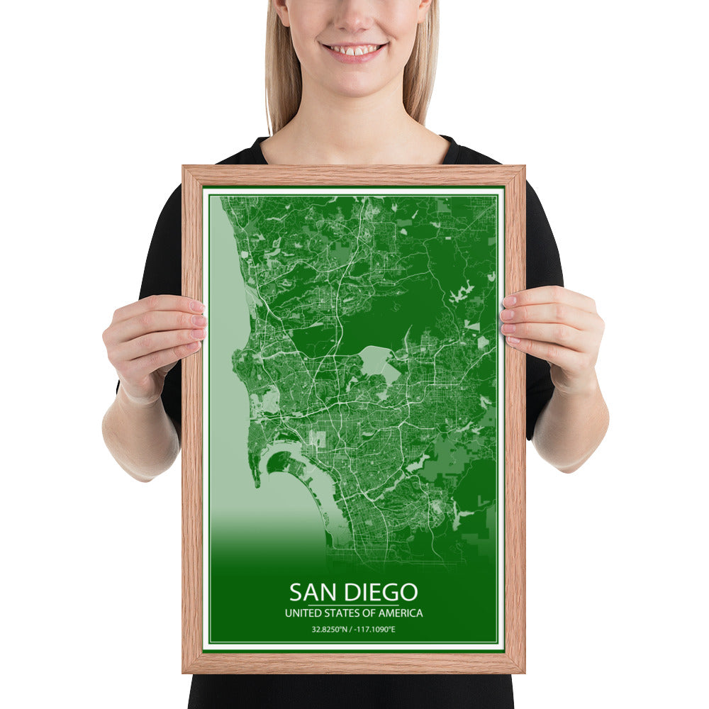 San Diego Green and White Framed Map