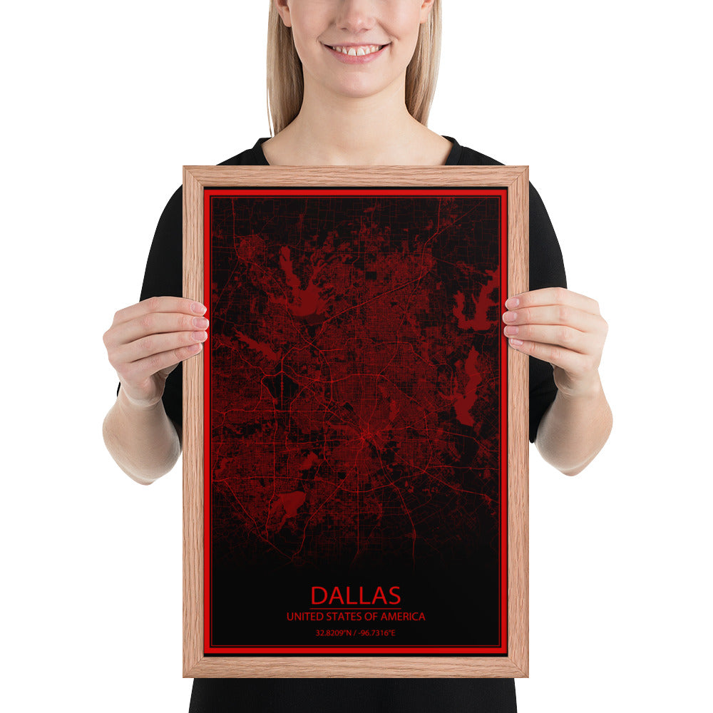 Dallas Black and Red Framed Map