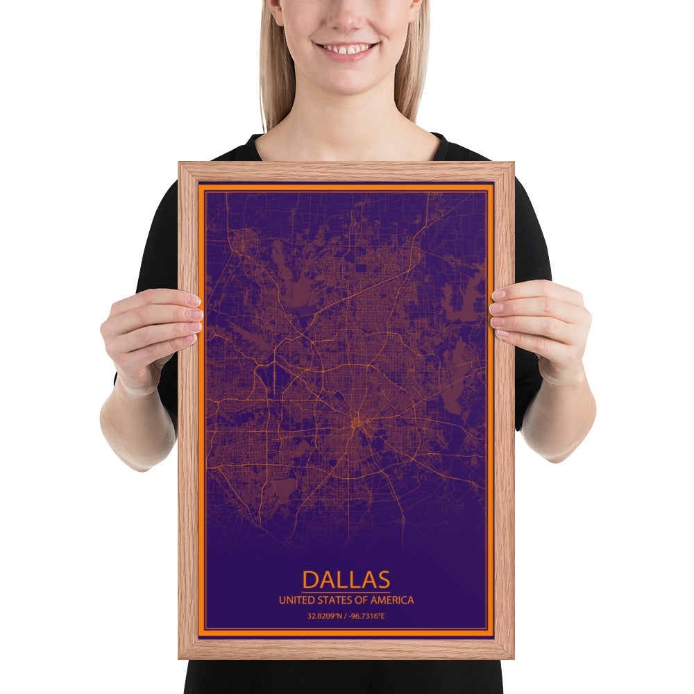 Dallas Purple and Orange Framed Map