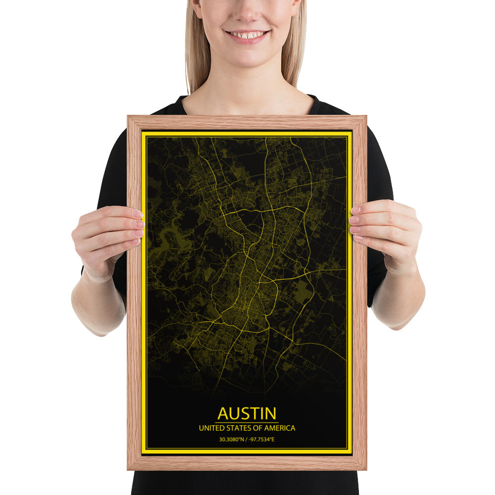 Austin Black and Yellow Framed Map