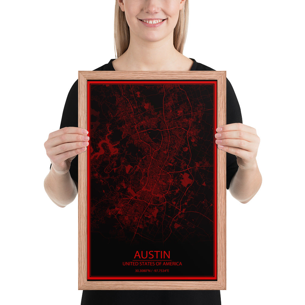 Austin Black and Red Framed Map