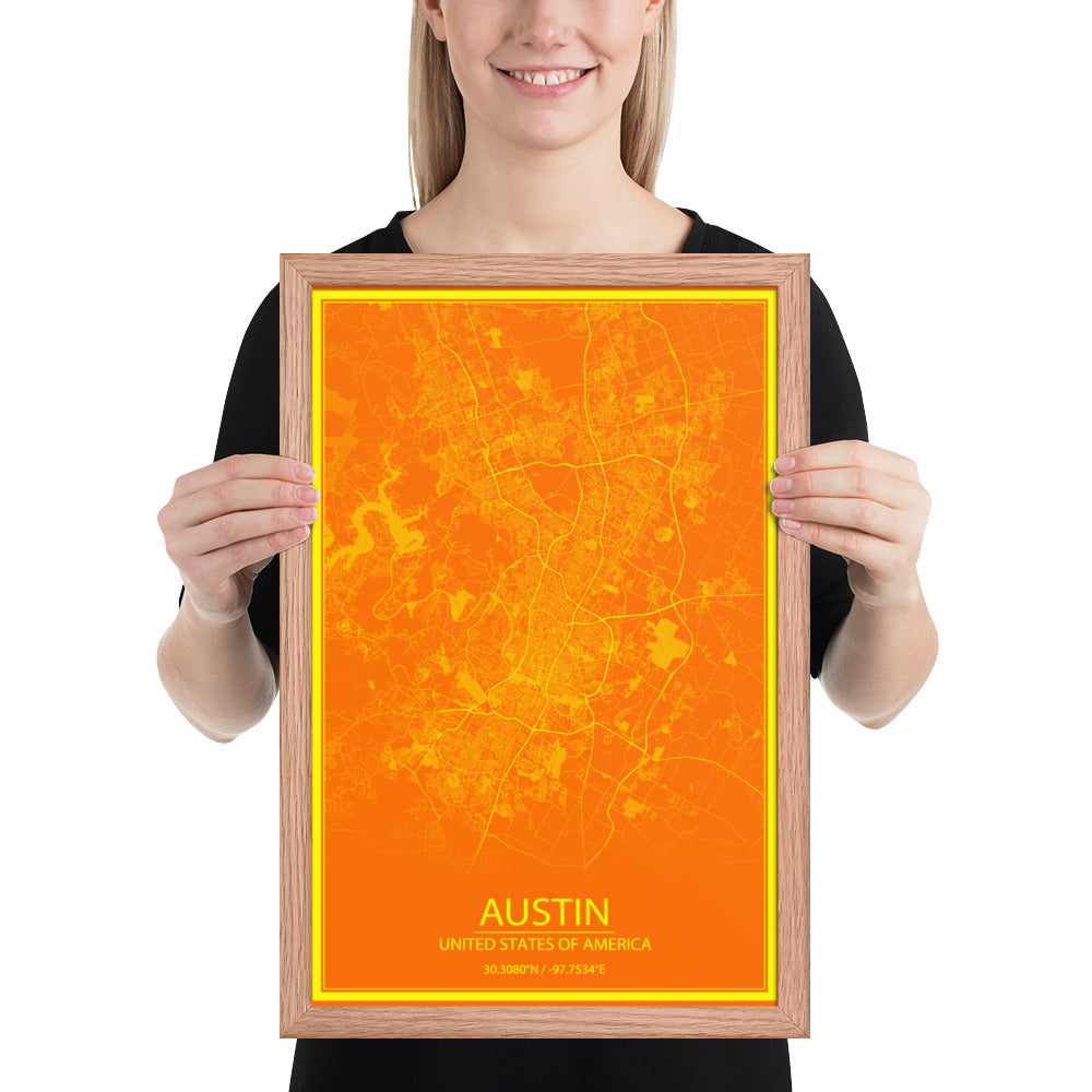 Austin Orange and Yellow Framed Map