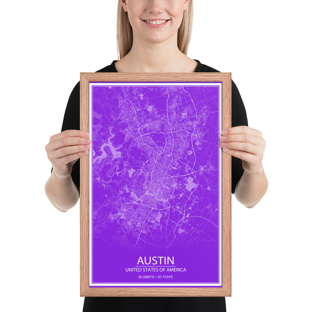 Austin Purple and White Framed Map