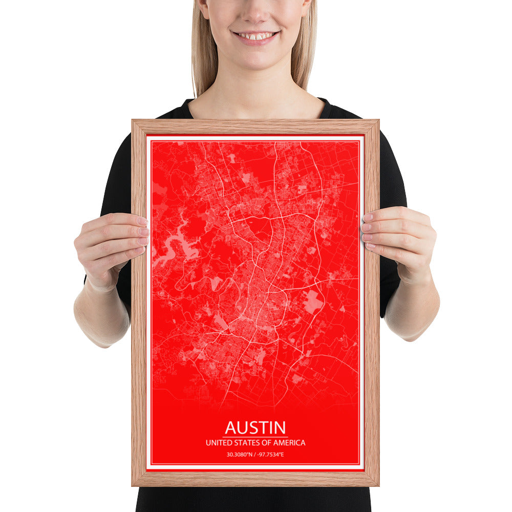 Austin Red and White Framed Map